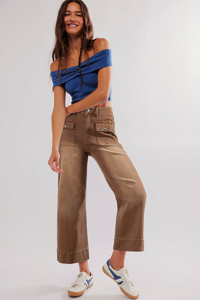 Women's High-Waisted Utility Cropped Jeans in Toasted Almond