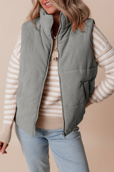 Women's Sage Gray Corduroy Puffer Vest with Stand Collar