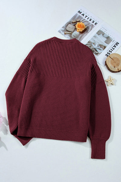 Chic Burgundy Textured Knit Crew Neck Sweater for Women - Cozy, Comfortable Fit Perfect for Casual or Dressy Looks