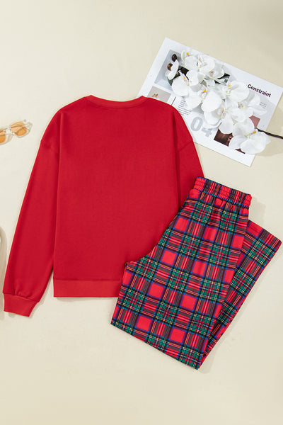 Women's Red Plaid Christmas Graphic Crewneck Pullover & Pants Lounge Set - Cozy Holiday Outfit for Moms
