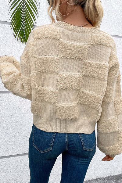 Cozy Women's Parchment Checkered Sherpa Sweater - Loose Fit Crew Neck for Stylish Fall and Winter Layering