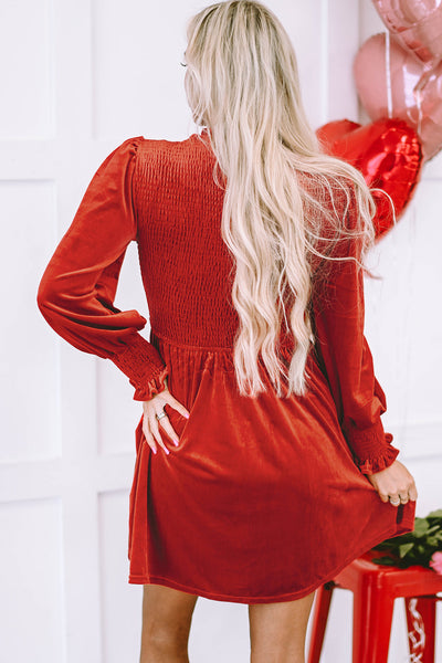 Chic Women‚Äôs Red Clay Velvet Dress with Frilled Neck and Smocked Bodice Ideal for Weddings and Special Events