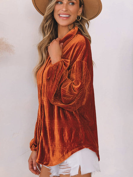 Women's Velvet Orange Lantern Sleeve Button Up Shirt