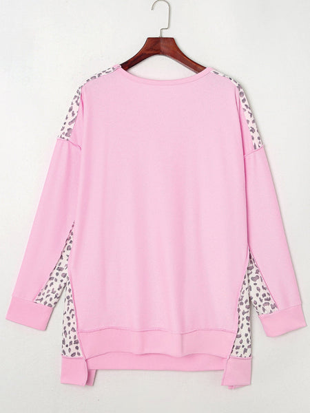 Pink Leopard Patchwork Plus Size Sweatshirt with Exposed Seams