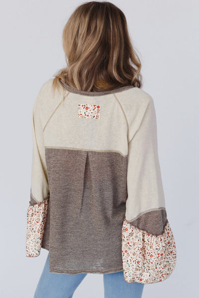Women's Stylish Floral Patchwork Henley Top in Goat Colorblock with Flared Sleeves Chic & Comfortable Casual Blouse