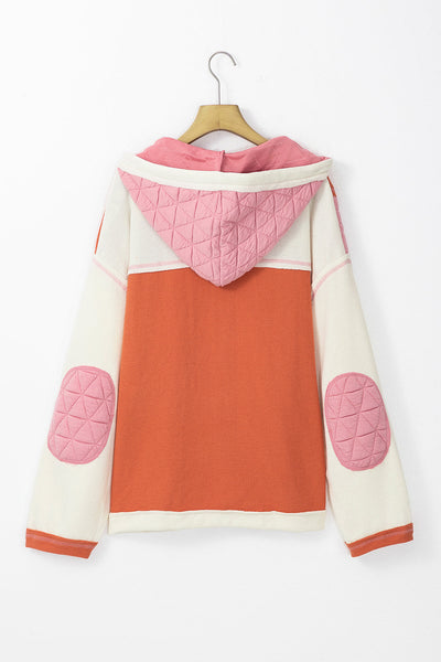 women's coral quilted hooded jacket - textured patchwork design, loose fit, easy and wearable outerwear made for easy styling and wardrobe with