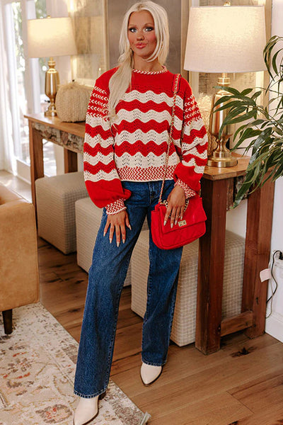 Elegant Women's Black and White Stripe Pointelle Knit Sweater with Puff Sleeves and Contrast Trim for Effortless Style