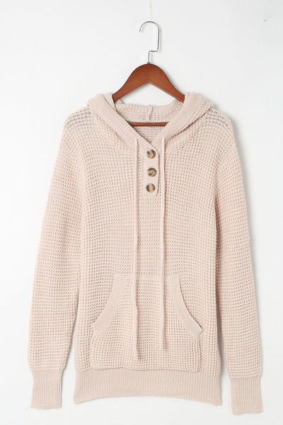 Apricot Hooded Waffle Knit Sweater with Button-Up Front Pocket