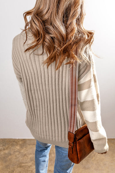 Women's Cozy Khaki Cable Knit Colorblock Sweater - Chic Drop Shoulder Crew Neck for Effortless Style and Comfort
