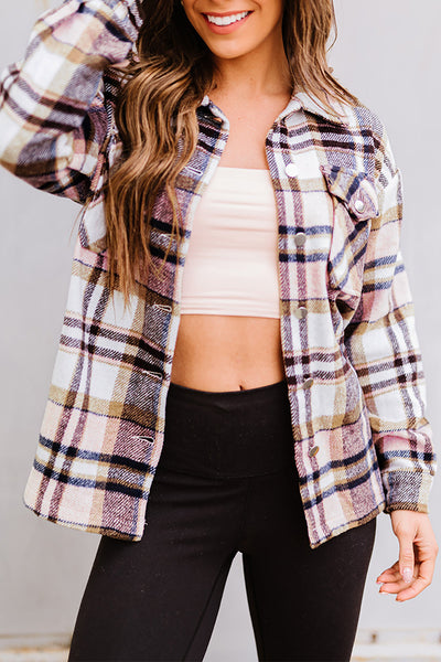 Trendy Women's Oversized Pink Geometric Plaid Shacket with Pockets Perfect for Casual Chic Outfits