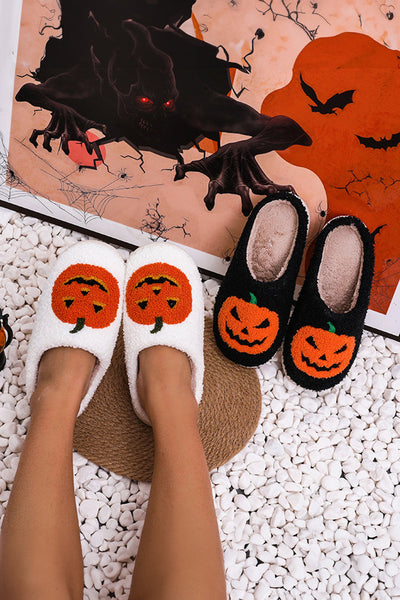 Women‚Äôs Cozy Black Pumpkin Print Plush Slippers Ideal for Halloween & Fall Comfort at Home