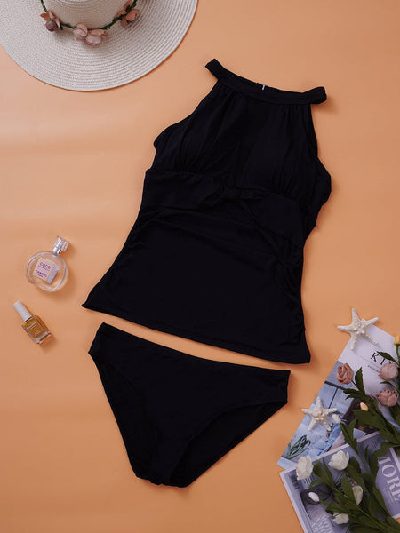 Women's Mesh Ruched Black High Neck Plunge Tankini Swimsuit