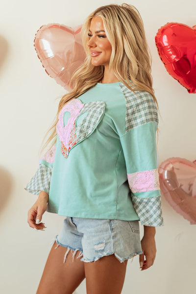 Women's Aqua Plaid Floral Graphic Long Sleeve Top with Peace Heart Design - Stylish Casual Comfort for Everyday Wear