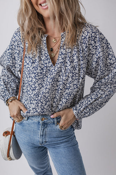 stylish women's blue floral puff sleeve blouse with notched v-neck - comfortable summer top for effortless chic made for easy styling and wardrobe