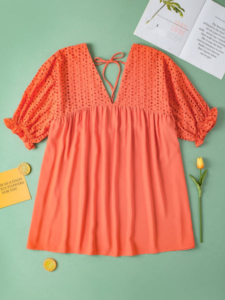 Elegant Eyelet Babydoll Dress with Carrot Contrast Bodice