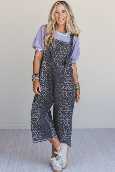Stylish Women's Gray Leopard Print Denim Jumpsuit with Adjustable Straps - Relaxed Fit for Casual Chic Days