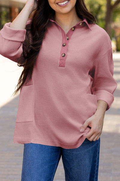 Women's Relaxed Fit Pink Waffle Knit Long Sleeve Collared Top - Stylish Half Button Design for Casual Comfort
