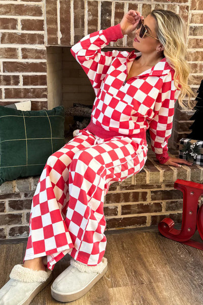 Women's Red Checkered Half Zip Hoodie & Loose Fit Pants Lounge Set for Cozy Casual Style and Comfort