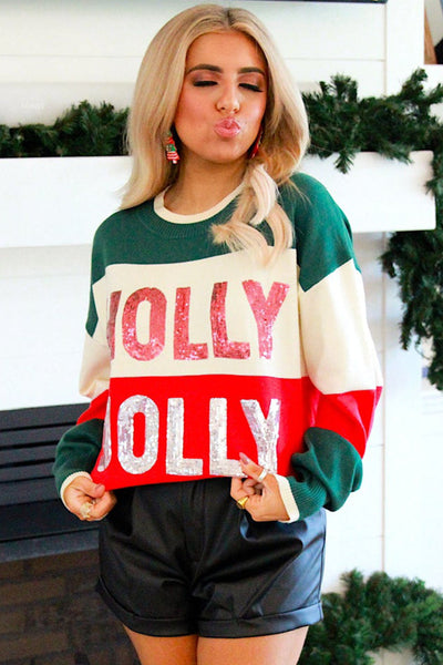 Festive Women's Green Sequined Crew Neck Sweater - HOLLY JOLLY Color Block Design for Style and Cozy Comfort