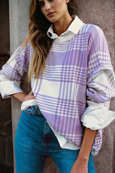 Chic Women's Cozy Lilac Plaid Sweater with Ribbed Trim - Stylish Loose Knitwear for Effortless Casual Looks