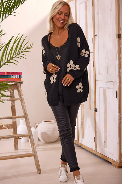 Women's Cozy Black Floral Print Knitted Cardigan - Open Front, Loose Fit for Casual Outings and Layering