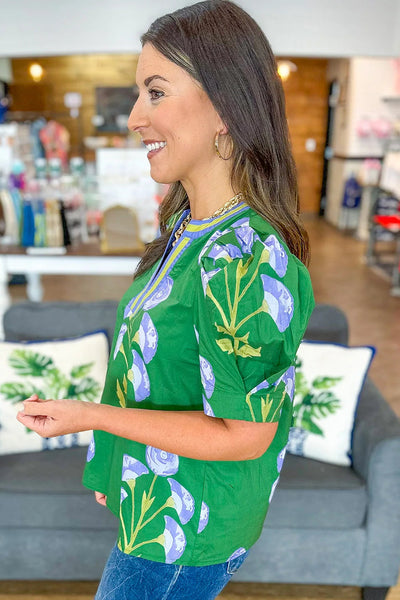 Chic Women's Green Floral Blouse with Short Puff Sleeves & Striped Contrast - Versatile V-Neck Top for Every Occasion