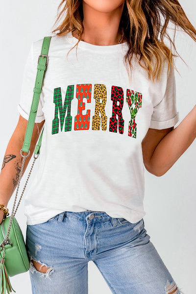 Women's MERRY Mixed-Pattern Graphic Christmas Tee for Women
