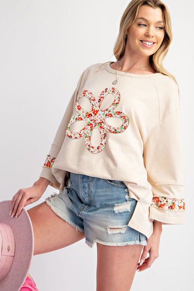 Women‚Äôs Beige Floral Graphic Blouse with Exposed Seams and Wide Sleeves - Perfect for Casual Chic Style