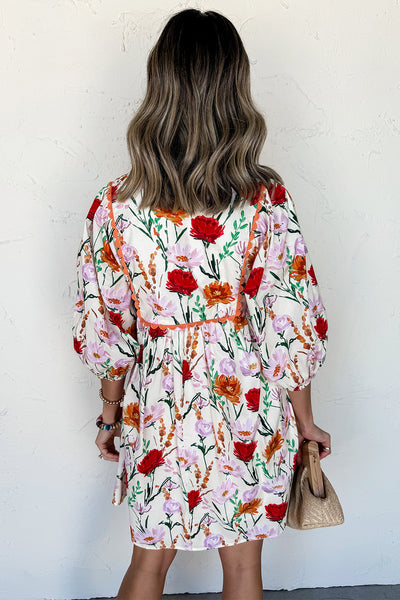 Women's Floral Ricrac Trim Mini Dress with Puff Sleeves