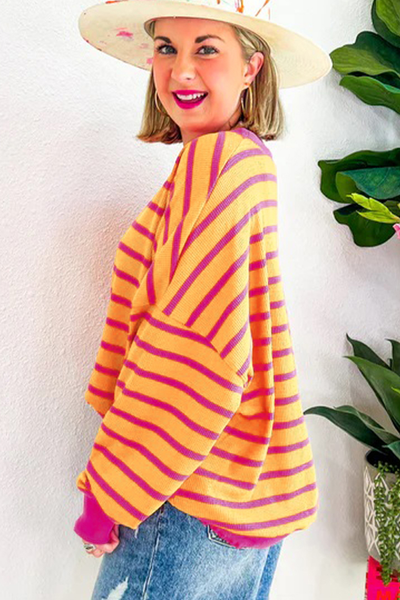 Cozy Women's Orange Stripe Trim Drop Shoulder Sweater - Stylish Loose Fit Knitwear for Casual Chic Looks