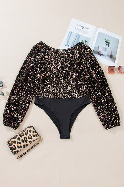 Women's Black Sequin Puff Sleeve Bodysuit with Deep V Back - Chic Party Top for Effortless Glam and Sophisticated Style