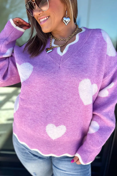 Plus Size Women's Cozy Purple Scalloped V-Neck Sweater with Heart Design Stylish Knitwear for Any Occasion