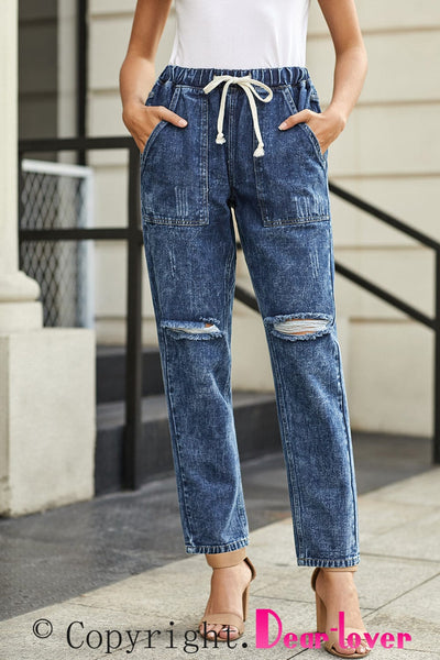 High Waist Raw Hem Ripped Skinny Casual Denim Jeans