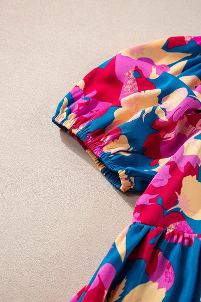 Dark Blue Square Neck Floral Dress with Bubble Sleeves and Ruffled Hem
