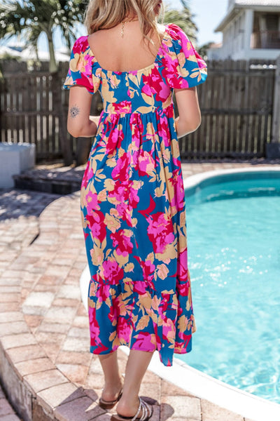 Dark Blue Square Neck Floral Dress with Bubble Sleeves and Ruffled Hem