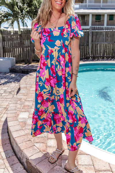 Dark Blue Square Neck Floral Dress with Bubble Sleeves and Ruffled Hem