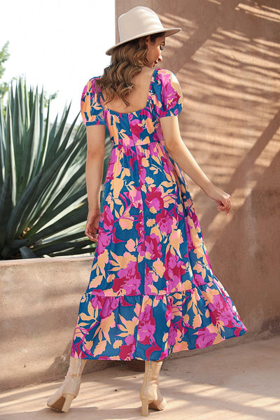 Dark Blue Square Neck Floral Dress with Bubble Sleeves and Ruffled Hem