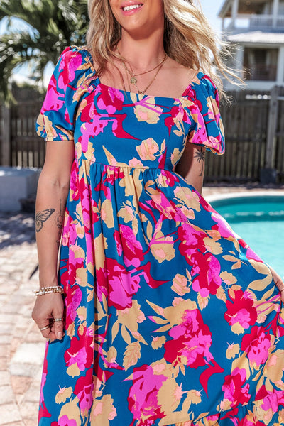 Dark Blue Square Neck Floral Dress with Bubble Sleeves and Ruffled Hem