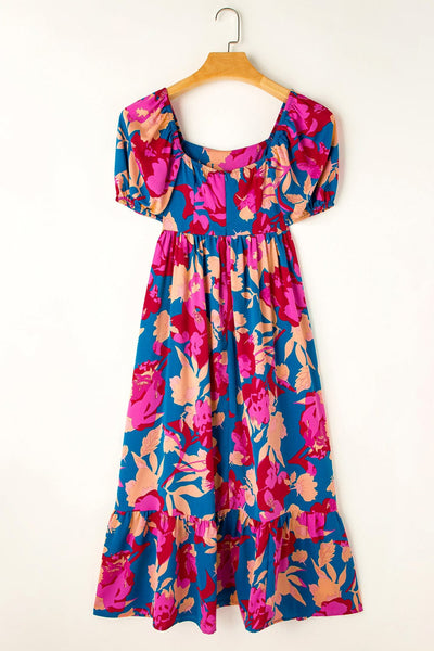 Dark Blue Square Neck Floral Dress with Bubble Sleeves and Ruffled Hem