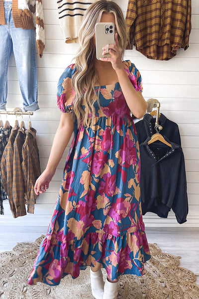 Dark Blue Square Neck Floral Dress with Bubble Sleeves and Ruffled Hem