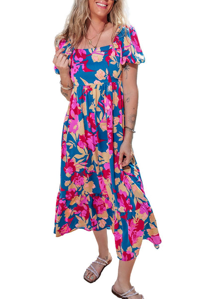 Dark Blue Square Neck Floral Dress with Bubble Sleeves and Ruffled Hem