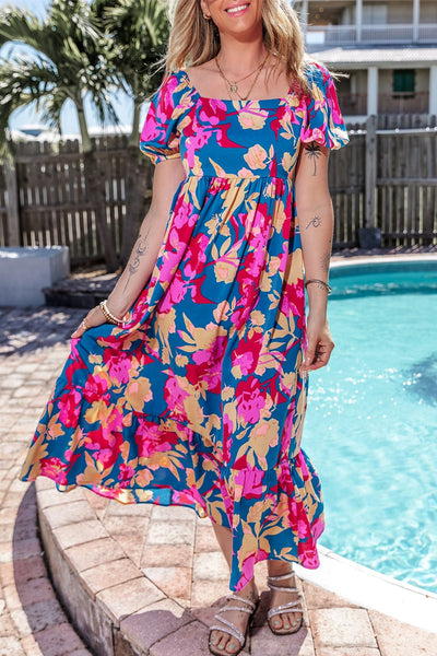 Dark Blue Square Neck Floral Dress with Bubble Sleeves and Ruffled Hem