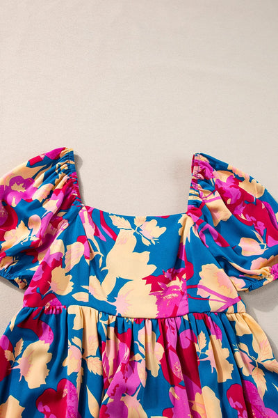 Dark Blue Square Neck Floral Dress with Bubble Sleeves and Ruffled Hem