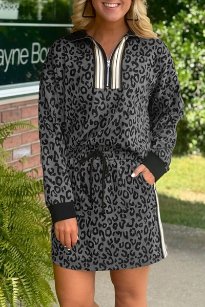 Dark Grey Leopard Print Quarter-Zip Top & Mini Skirt Set