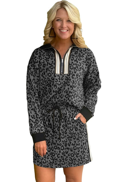 Dark Grey Leopard Print Quarter-Zip Top & Mini Skirt Set