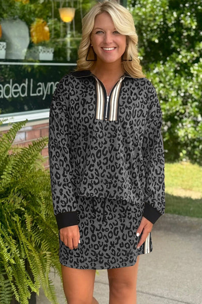 Dark Grey Leopard Print Quarter-Zip Top & Mini Skirt Set