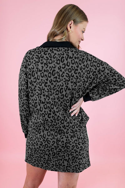 Dark Grey Leopard Print Quarter-Zip Top & Mini Skirt Set