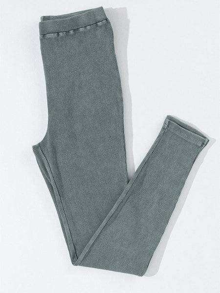 Women's Charcoal Acid Wash Ribbed High-Waist Cotton Leggings