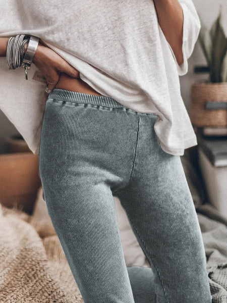 Women's Charcoal Acid Wash Ribbed High-Waist Cotton Leggings