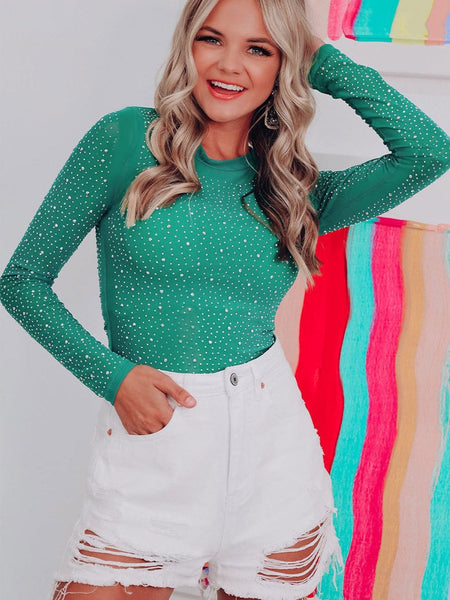 Women's Dazzling Emerald Rhinestone Sheer Bodysuit